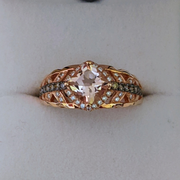 Le Vian ring with center cushion cut peach morganite gemstone 14krg. - Picture 2 of 10